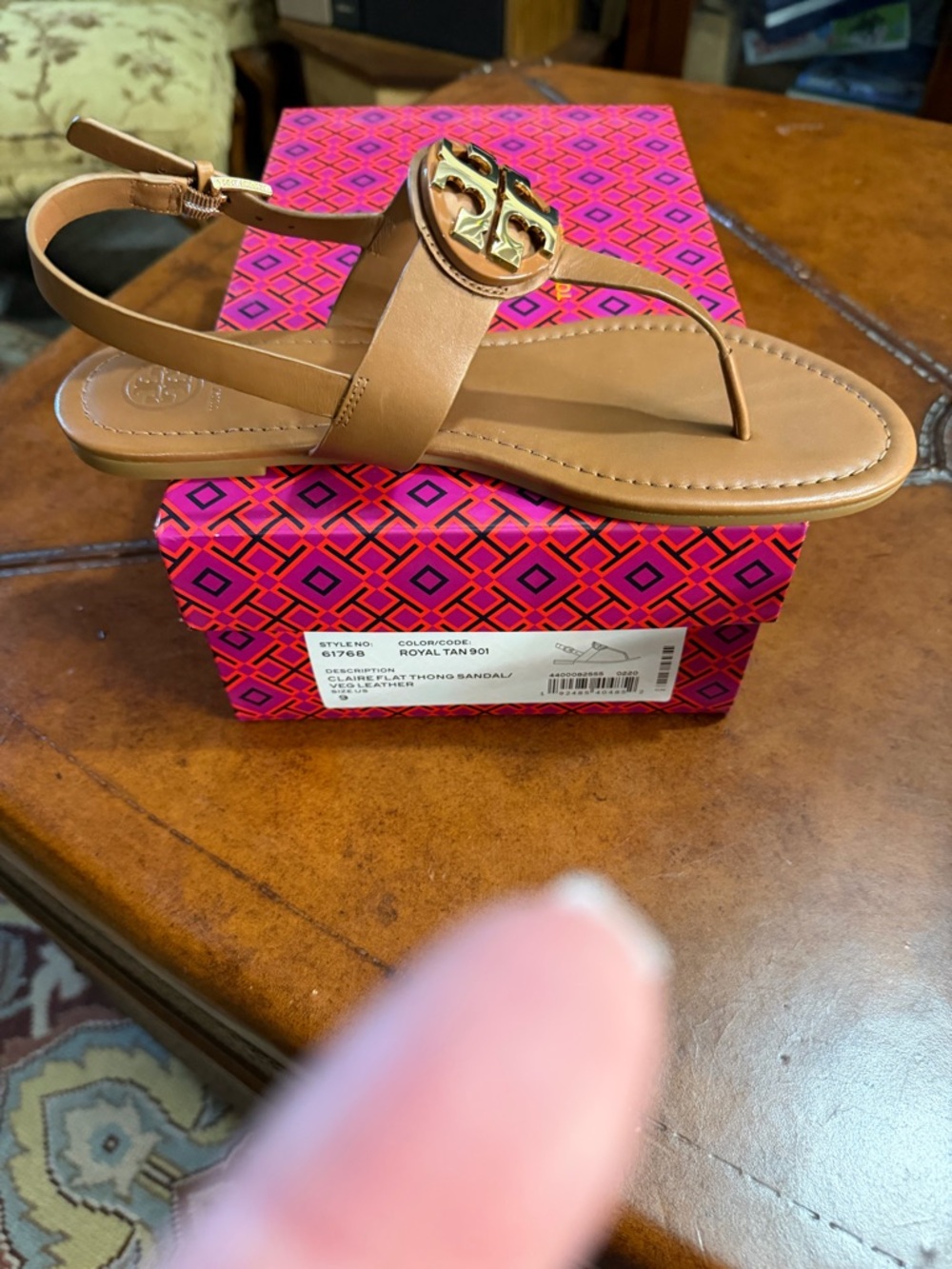 Tory Burch Tan Leather Miller Thong Sandal with Gold Logo